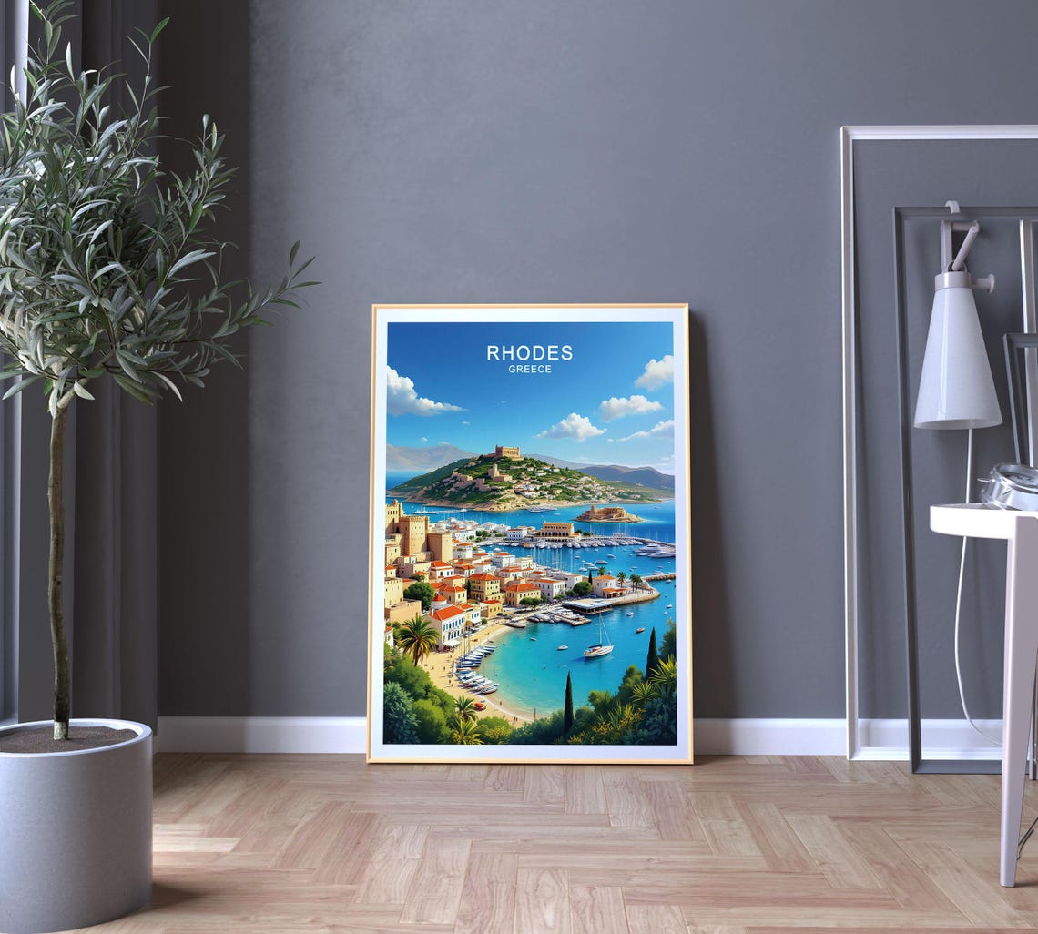 Rhodes Greece Harbor Marina Hilltop Old Town Aegean Sea View Poster - Image 5