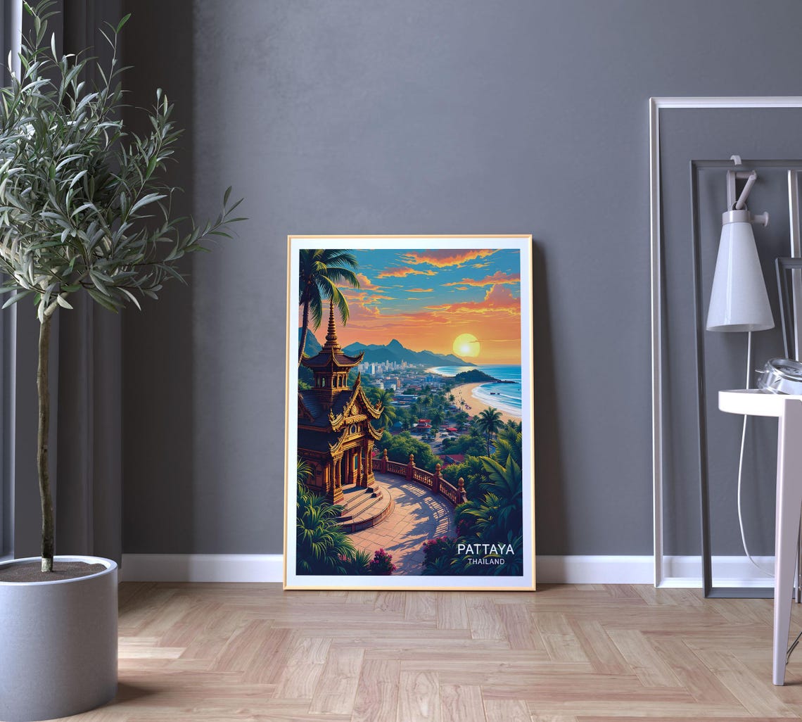 Pattaya Thailand Temple Overlook Bay Sunset Palm Coast Poster - Image 5