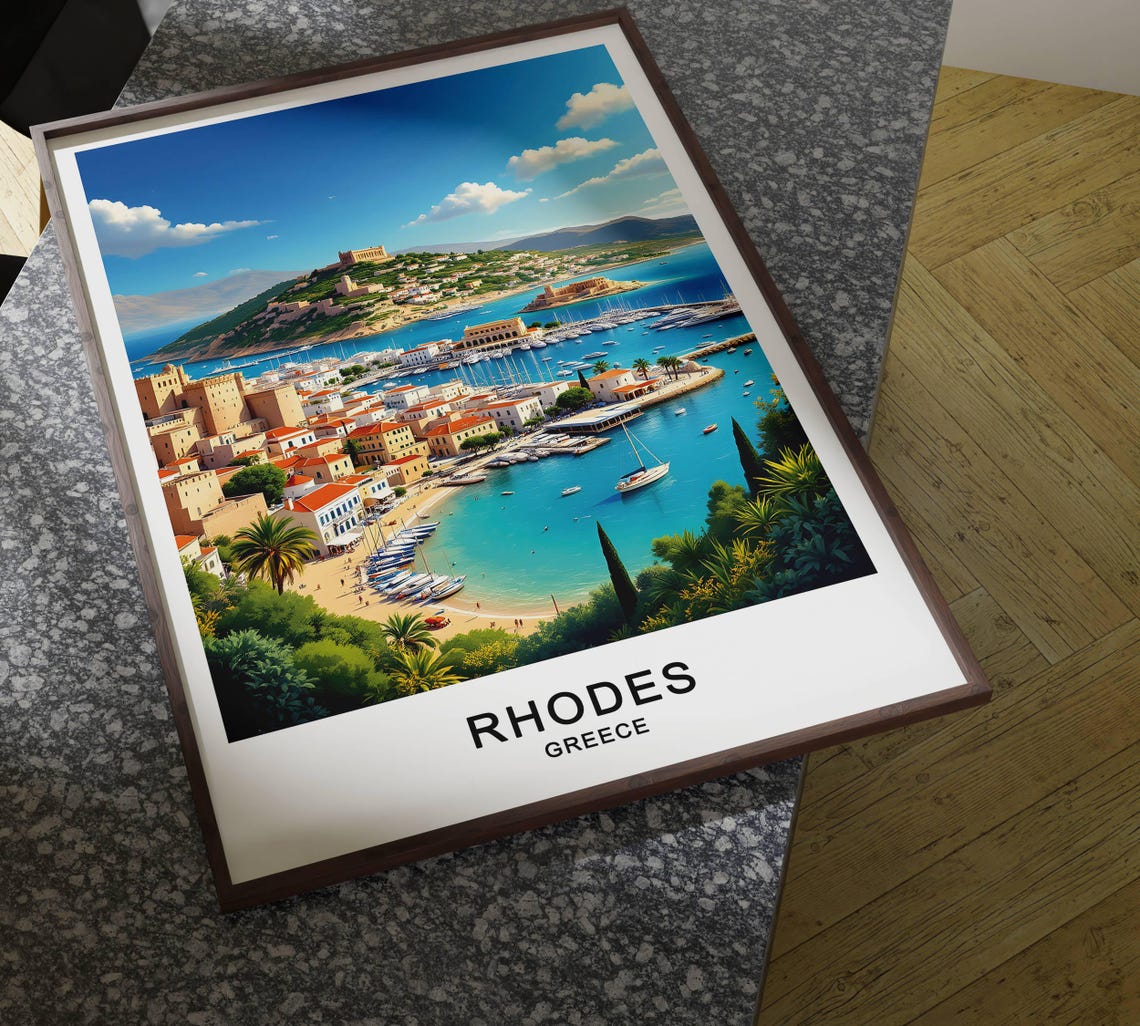 Rhodes Greece Harbor Marina Hilltop Old Town Aegean Sea View Poster - Image 4
