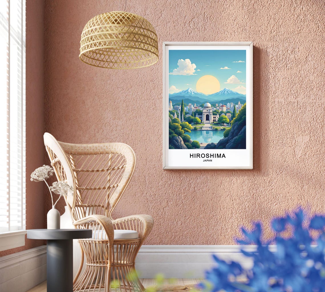 Hiroshima Japan Retro Cityscape River Reflection Golden Sun Poster - Image 2