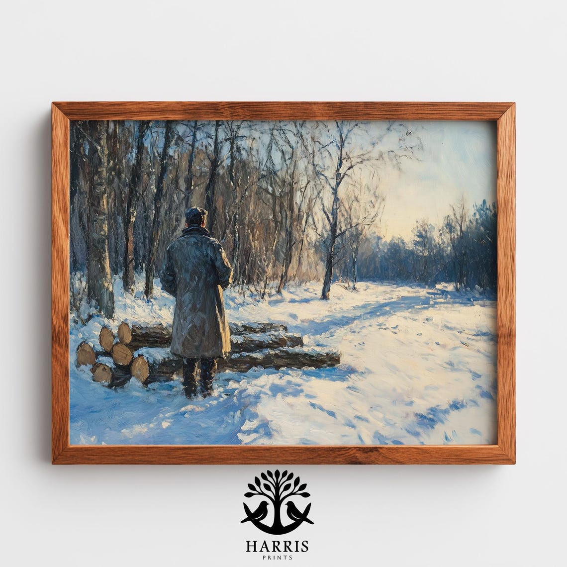 Lumberjack By Firewood Logs Snowy Winter Forest Oil Painting Print