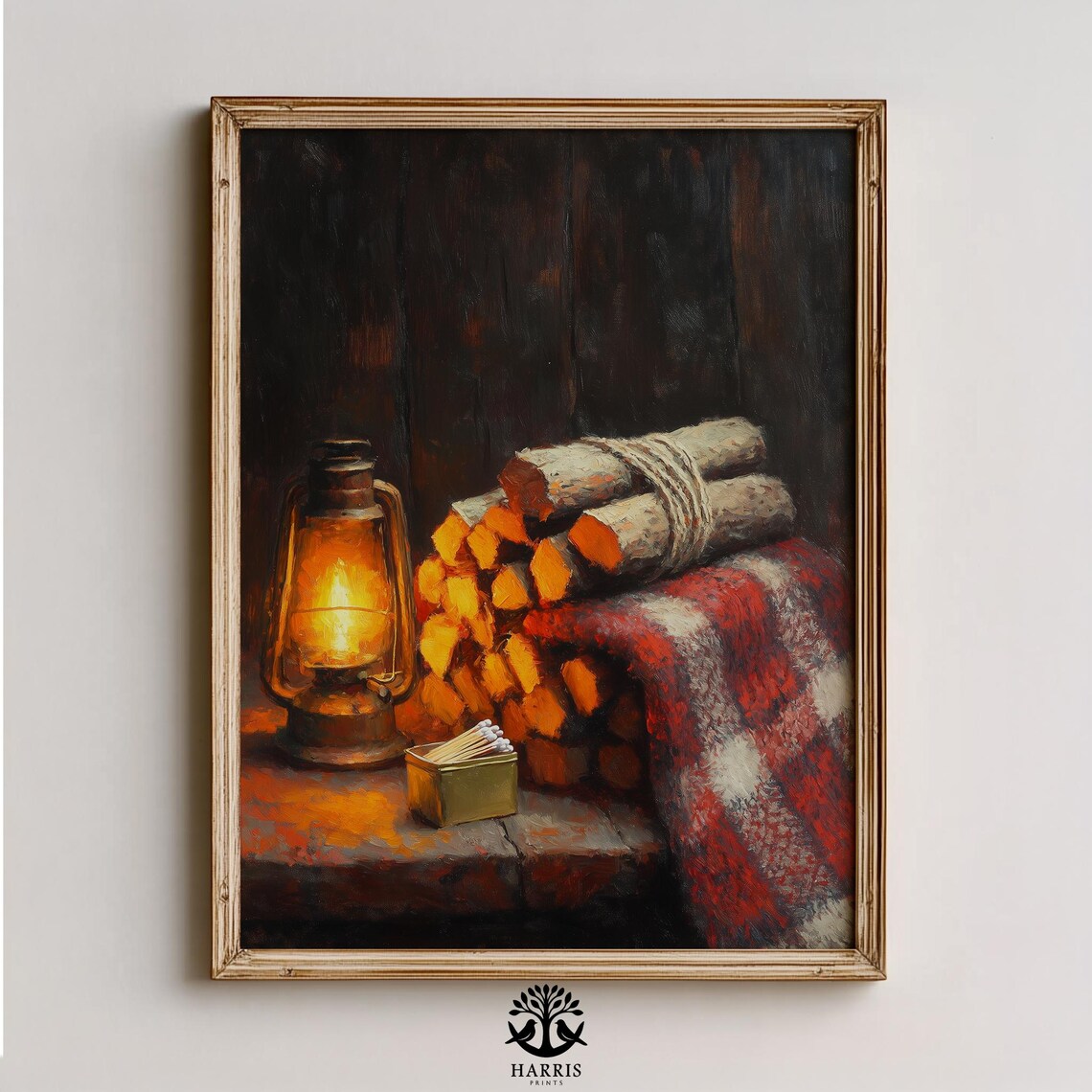 Glowing Lantern Firewood Still Life Cozy Cabin Oil Painting Print