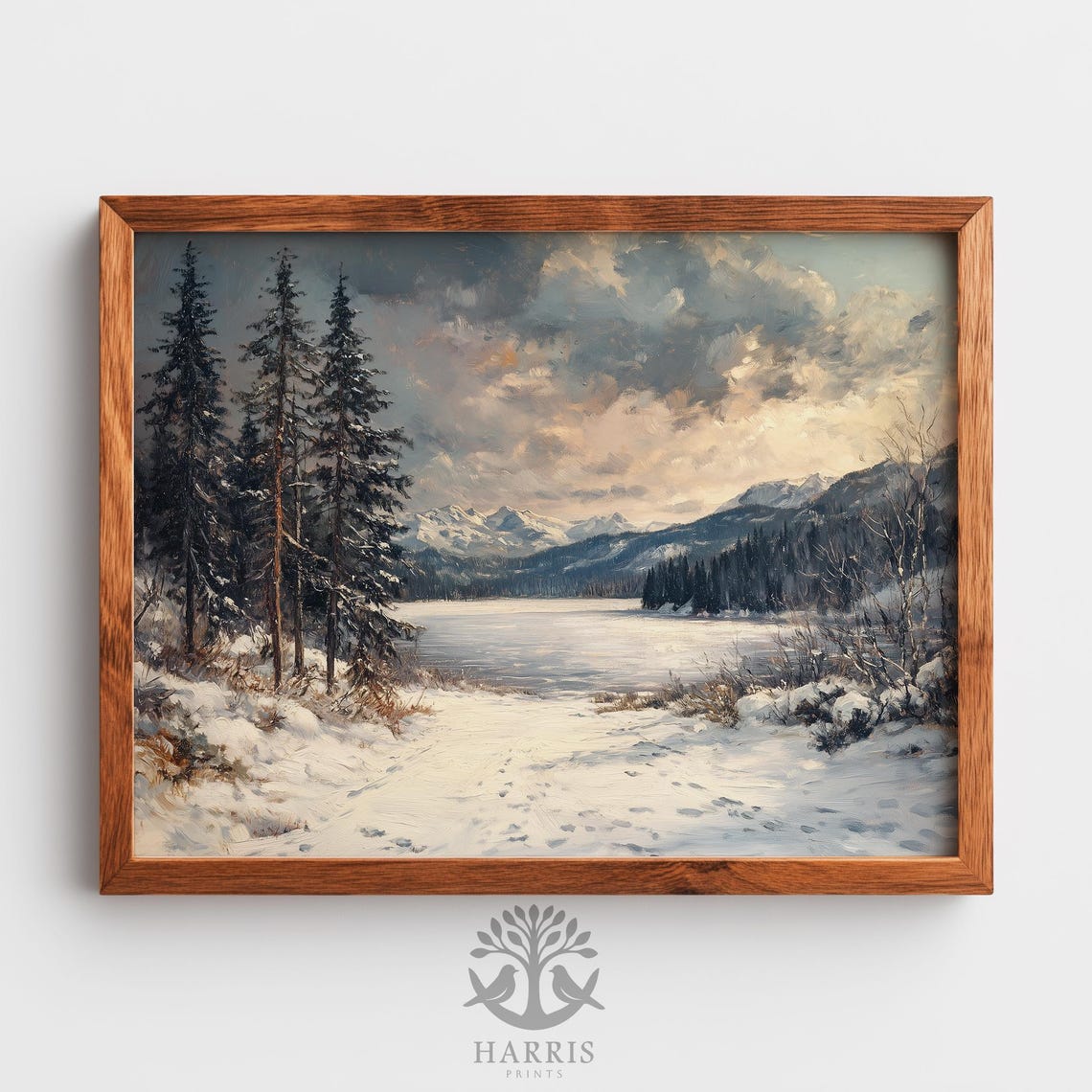 Snowy Lakeshore Pines Distant Peaks Rustic Winter Landscape Poster