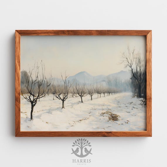 Wintry Orchard Landscape Moody Rustic Winter Wall Art Farmhouse Decor Barren Trees Snow Path In Vintage Scene 560
