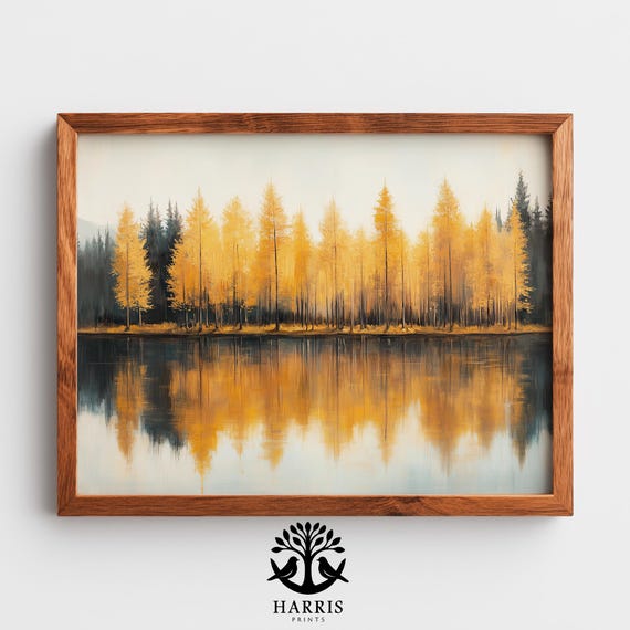 Autumn Golds Larch Trees Wall Art Reflective Lake Landscape Moody Rustic Decor Tranquil Natureinspired Painting 314