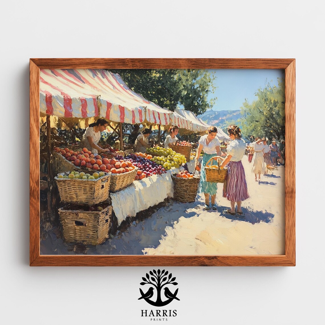Sunny Farmers Market Striped Awnings Vintage Fruit Stall Wall Art