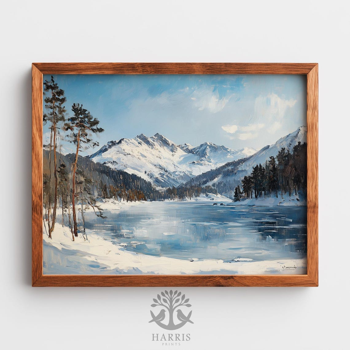 Frozen Alpine Lake Winter Landscape Oil Painting Snowy Pines Wall Art