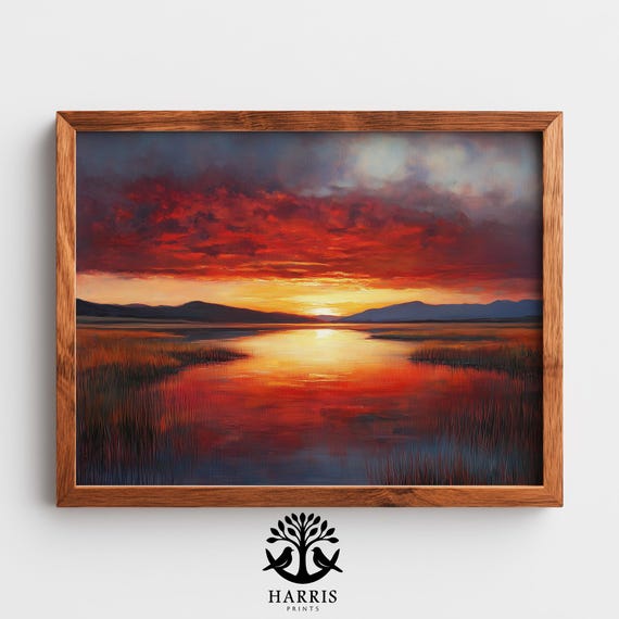 Patagonian Lagoon Sunset Dramatic Moody Landscape Art Fiery Redorange Sky Serene Calm Waters Wall Decor 390