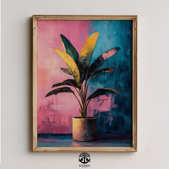 Moody Tropical Plant Dramatic Banana Leaves Wall Art Modern Midcentury Decor Neon Retro Indoor Style 453
