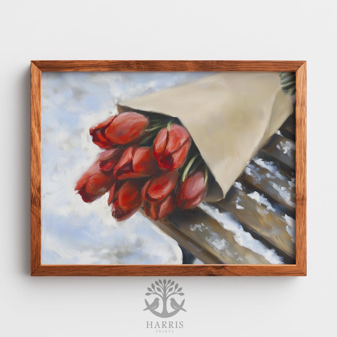 Red Tulips Snowy Bench Bouquet Winter Floral Painting Poster