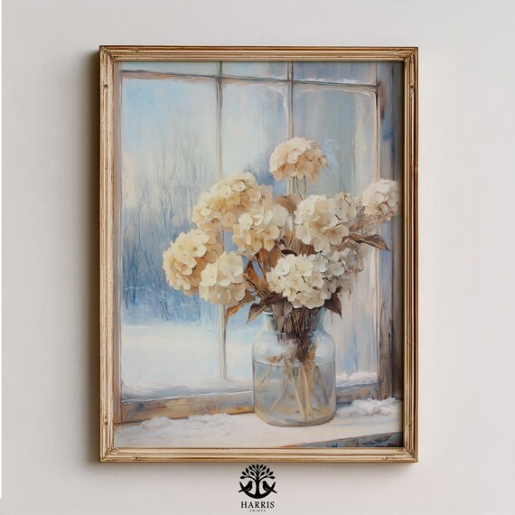 Winter Hydrangeas Frosty Window Rustic Vintage Still Life Neutral Decor Cozy Botanical Art Wall 366