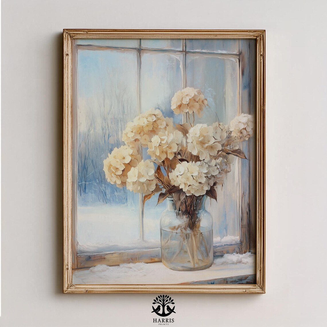 Winter Hydrangeas Frosty Window Rustic Vintage Still Life Neutral Decor Cozy Botanical Art Wall 366