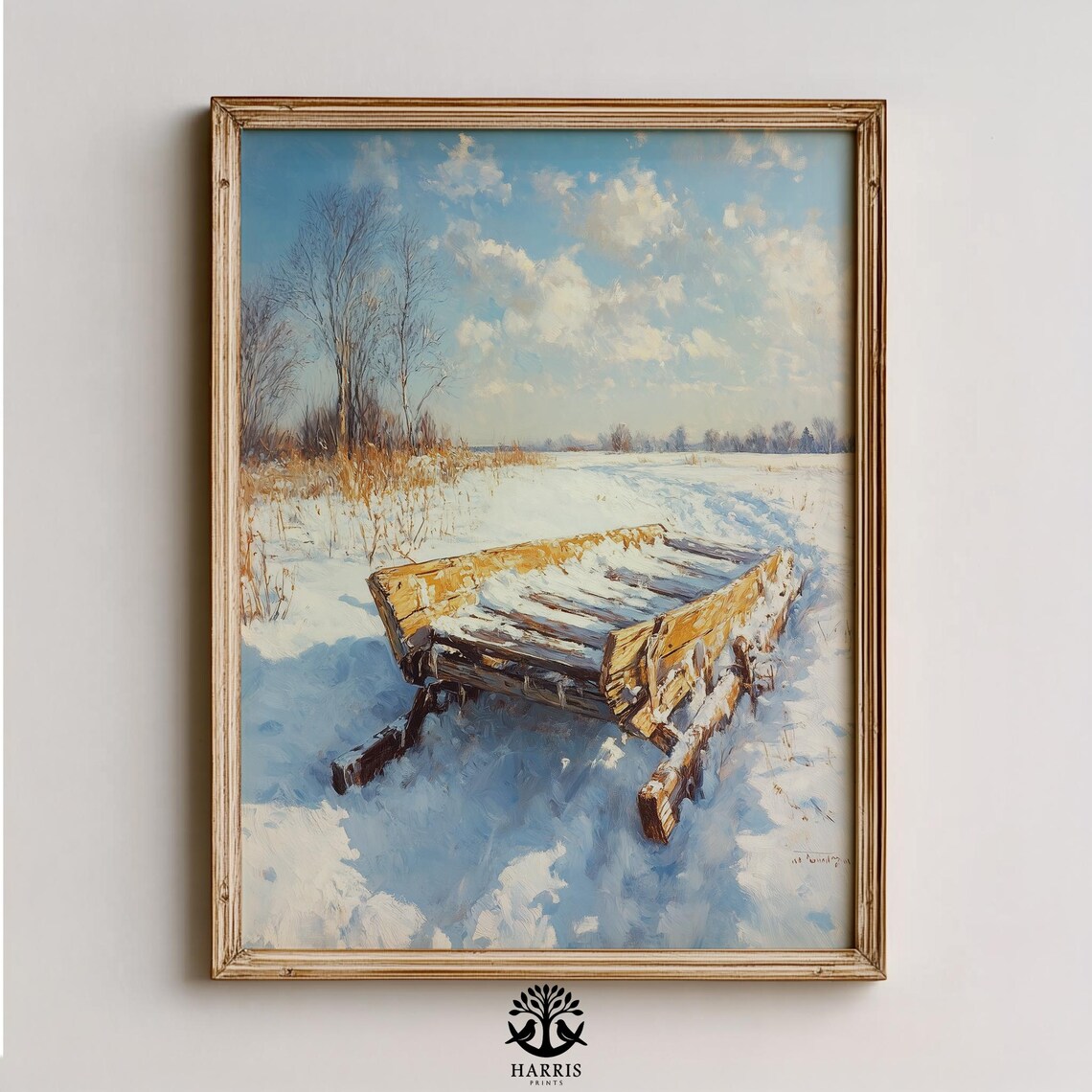 Vintage Wooden Sled Winter Snow Field Nostalgic Oil Painting Poster