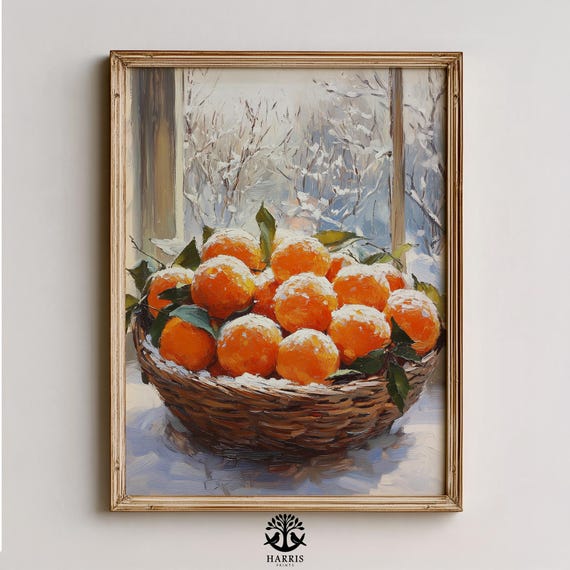 Rustic Winter Mandarins Still Life Cozy Farmhouse Painting Festive Snowkissed Citrus Art Textured Seasonal Wall Decor 291