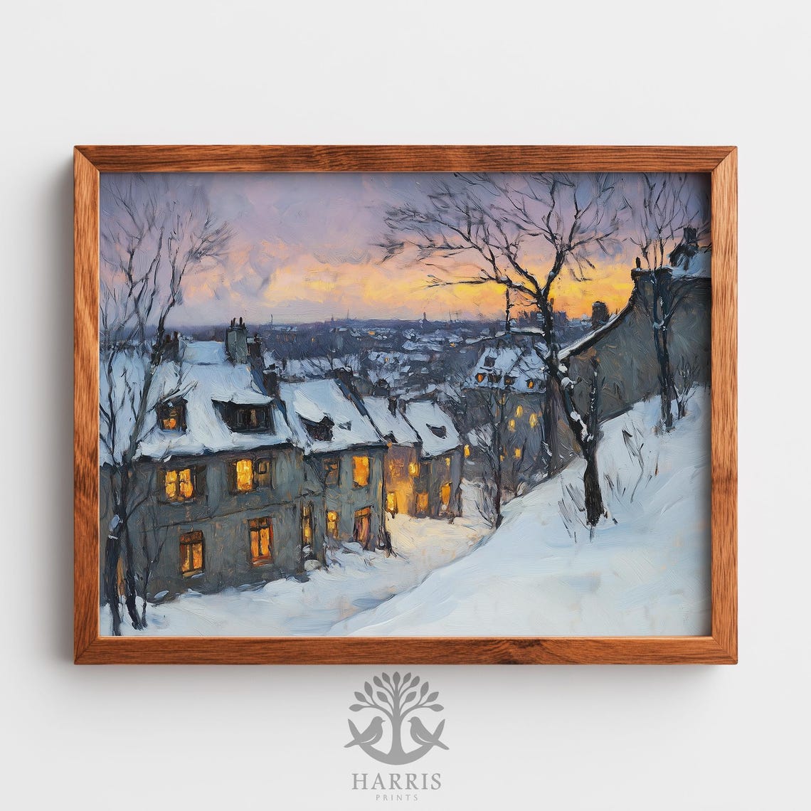 Snowy Village Dusk Glowing Windows Winter Evening Painting Print