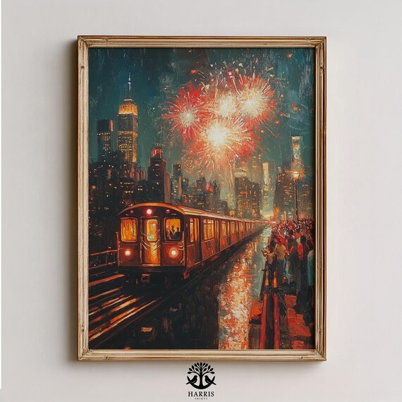 Moody Vintage Cityscape Elevated Train At Night With Fireworks Cinematic Urban Scene Glowing Lights Of Artwork 380