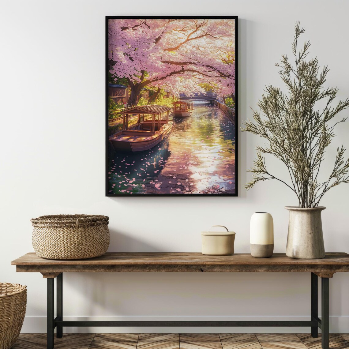 Cherry Blossom Canal Wooden Boats Petals Japan Daytime Poster - Image 3