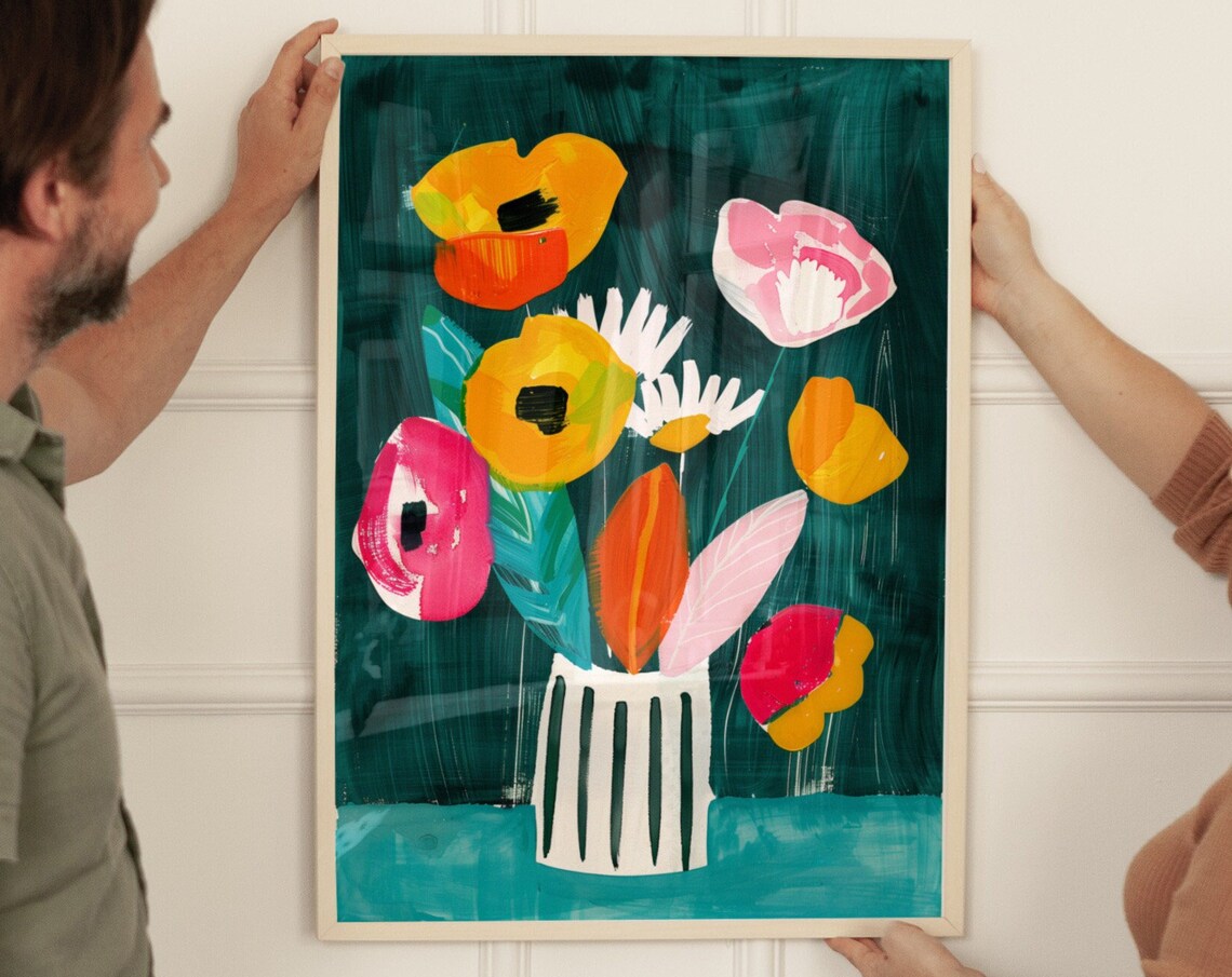 Colorful Abstract Flowers in Striped Vase Teal Bouquet Poster