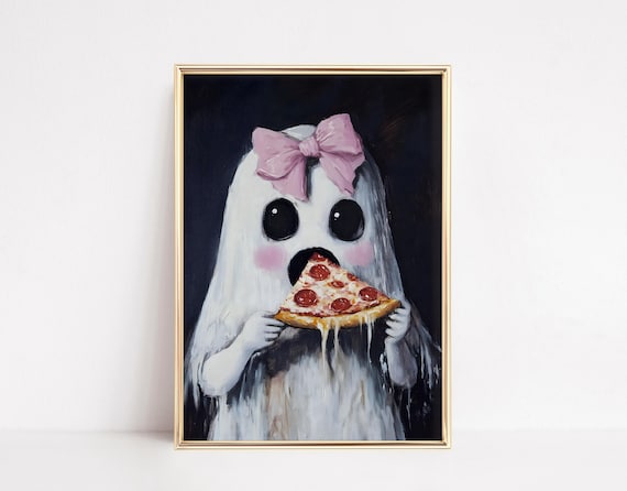 Cute Ghost Eating Pizza Art Print Girly Halloween Decor Digital Download