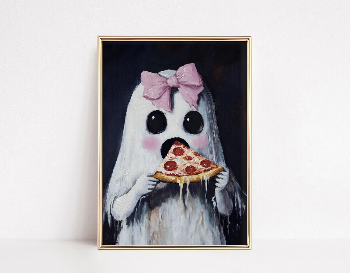 Cute Ghost Eating Pizza Art Print Girly Halloween Decor Digital Download
