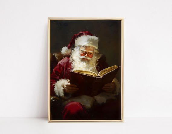 Vintage Santa Reading Book, Christmas Library Decor