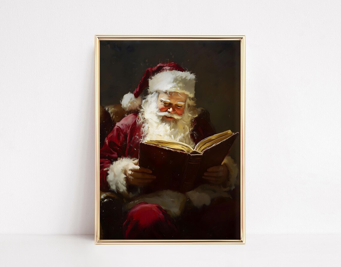 Vintage Santa Reading Book, Christmas Library Decor