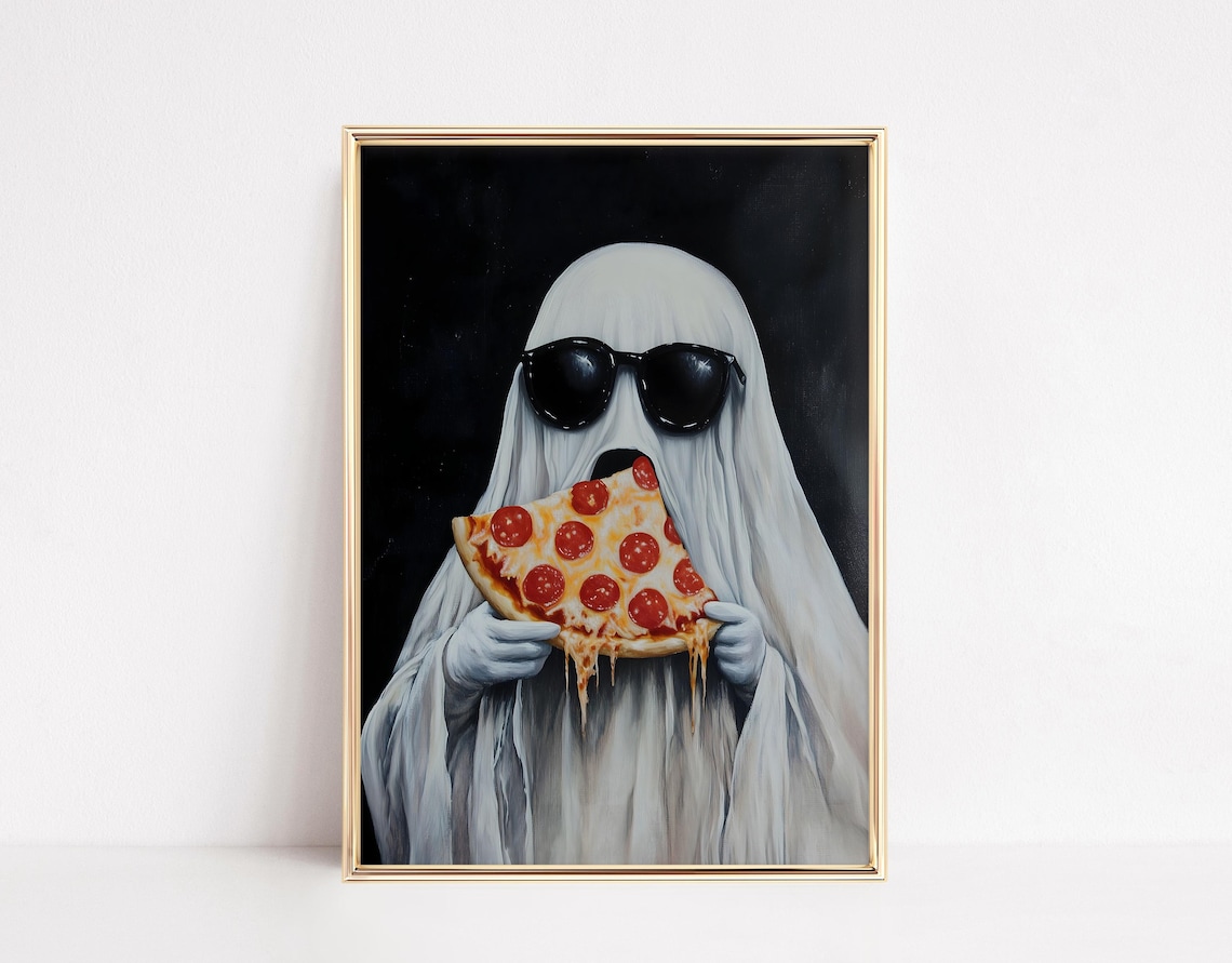Ghost Eating Pizza Art Print, Spooky Cafe Decor