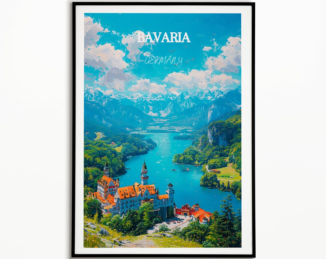 Bavaria Germany Neuschwanstein Castle Alpine Lake Aerial Travel Poster