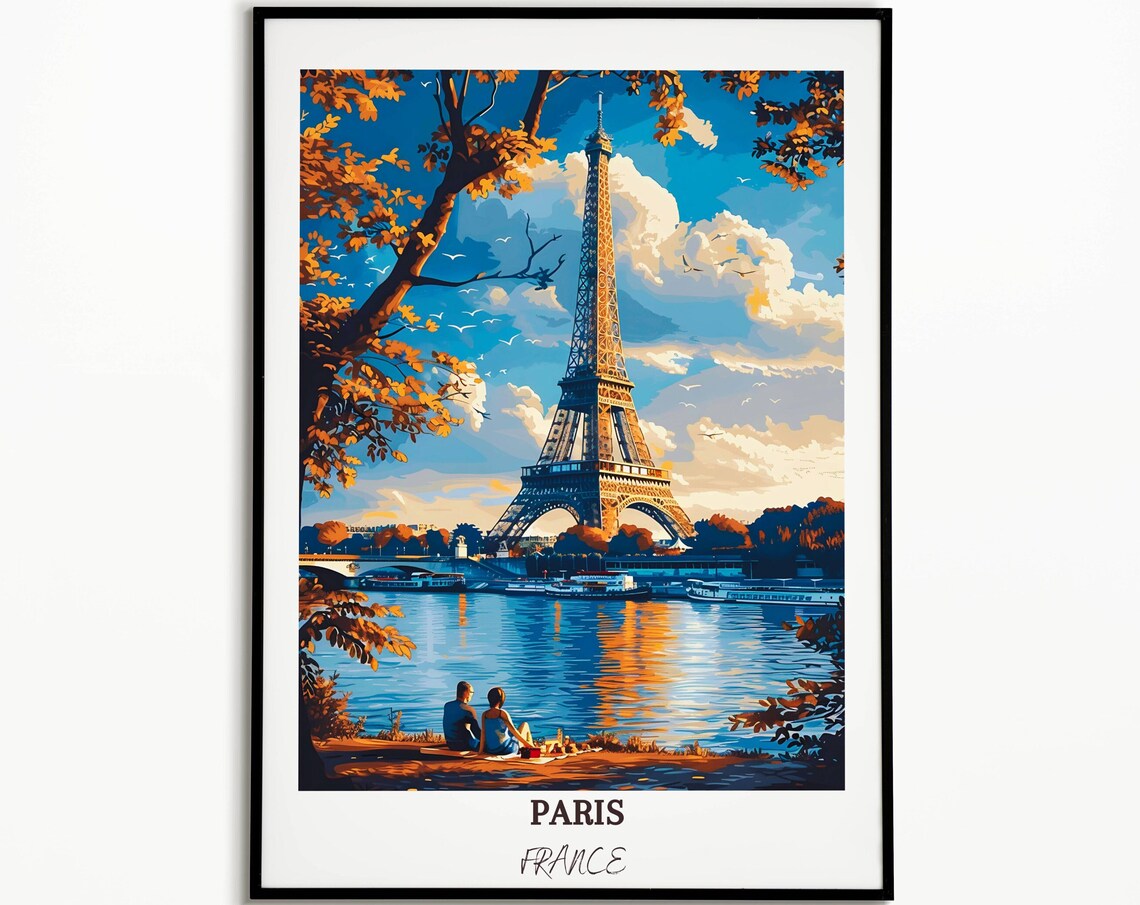 Paris Eiffel Tower Riverbank Golden Evening Picnic View Poster