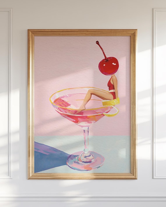 Pink Cosmopolitan Cocktail Cherry Swimsuit Lady Retro Bar Poster