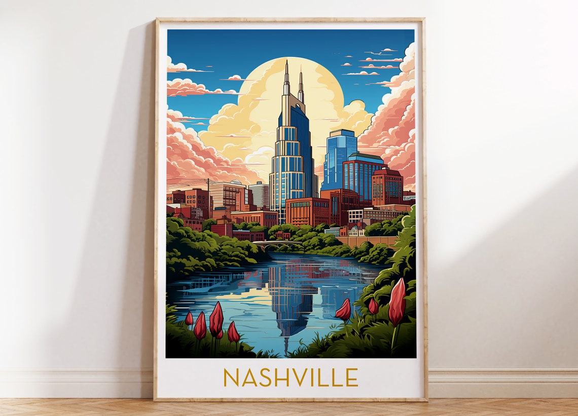 Nashville Tennessee Skyline Poster with River Sunset Reflection