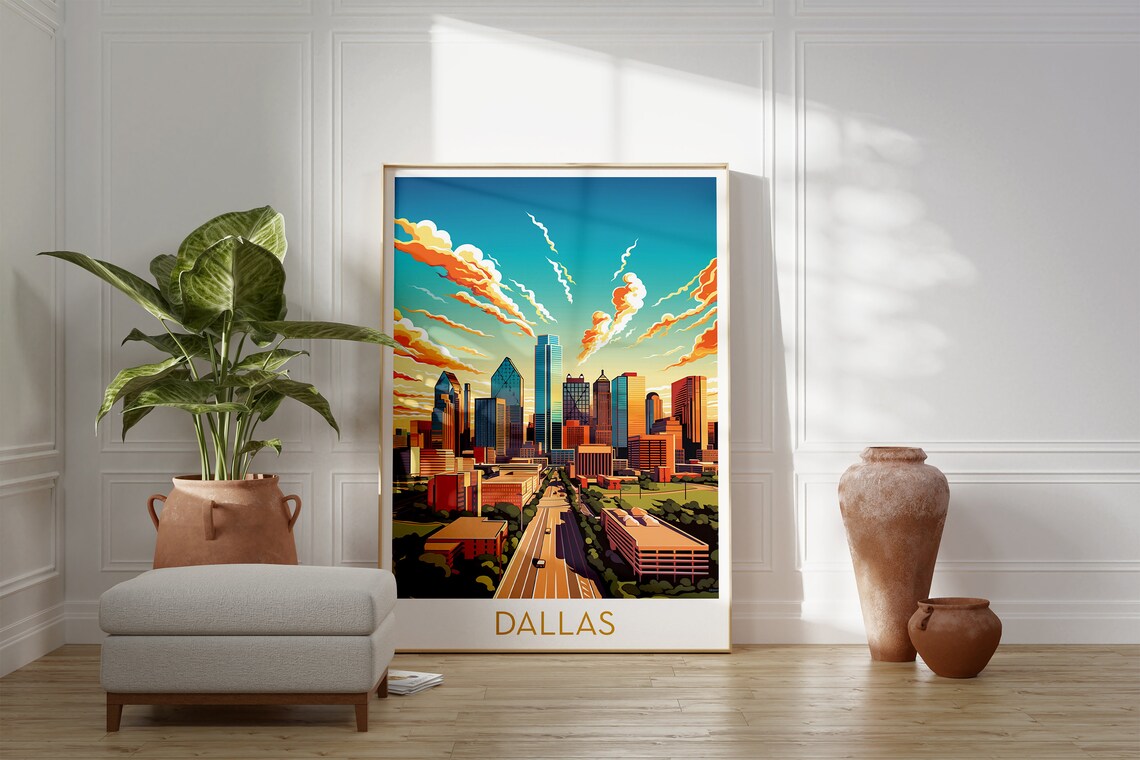 Dallas Texas Sunset Skyline Retro Clouds Illustration Travel Poster - Image 2