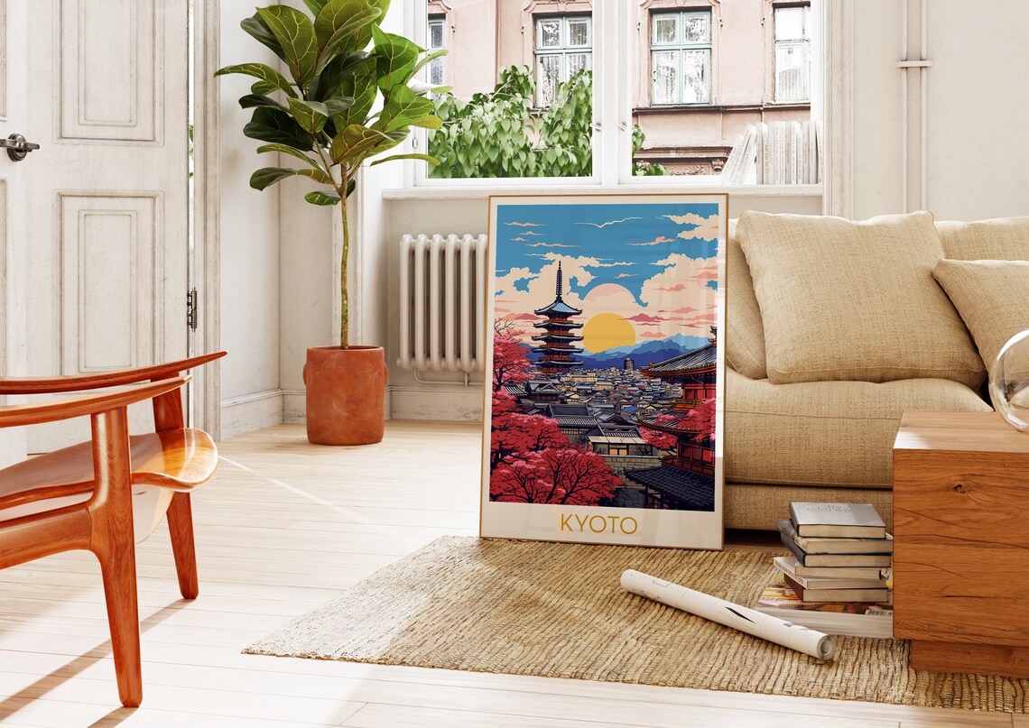 Kyoto Pagoda Cherry Blossom Sunset Retro Japan Travel Poster - Image 4