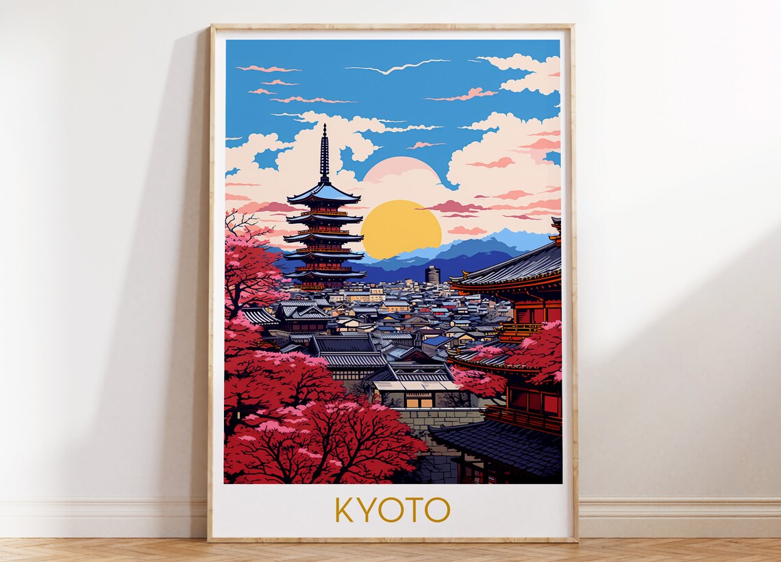 Kyoto Pagoda Cherry Blossom Sunset Retro Japan Travel Poster