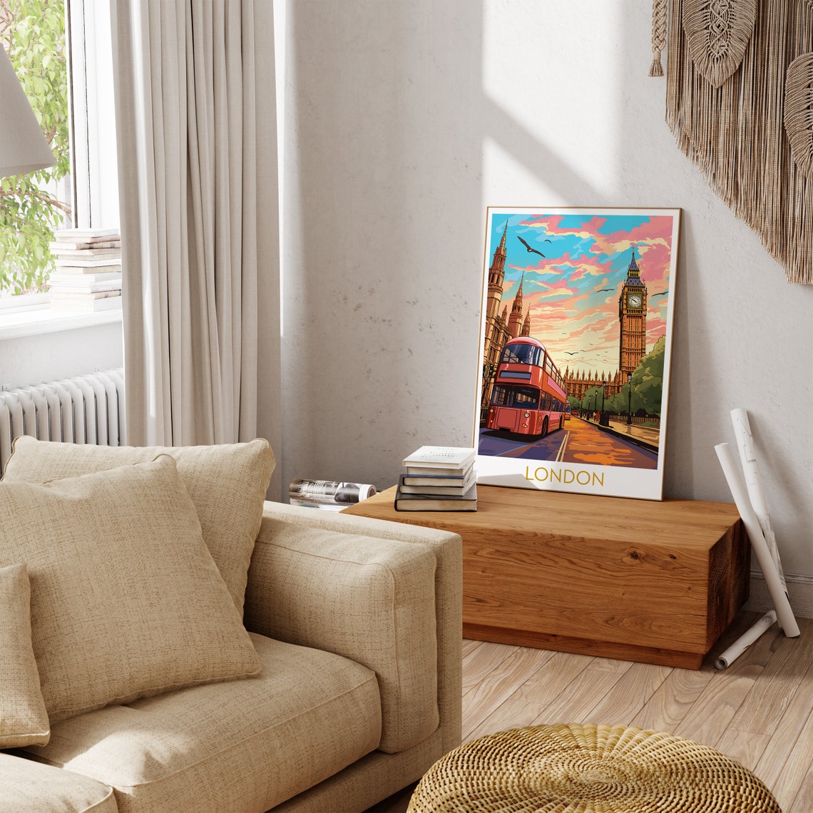 London England Travel Poster with Big Ben and Red Double Decker Bus - Image 3
