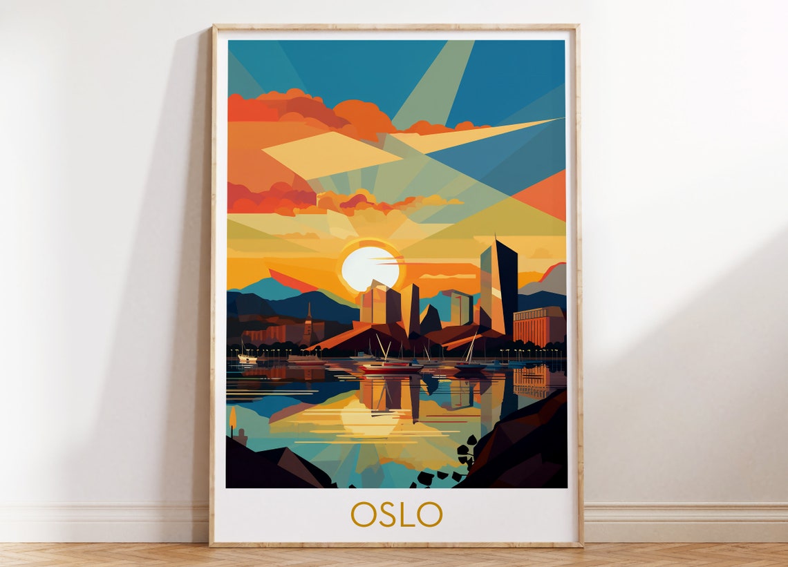 Oslo Norway Sunset Harbor Geometric Retro Pop Art Travel Poster