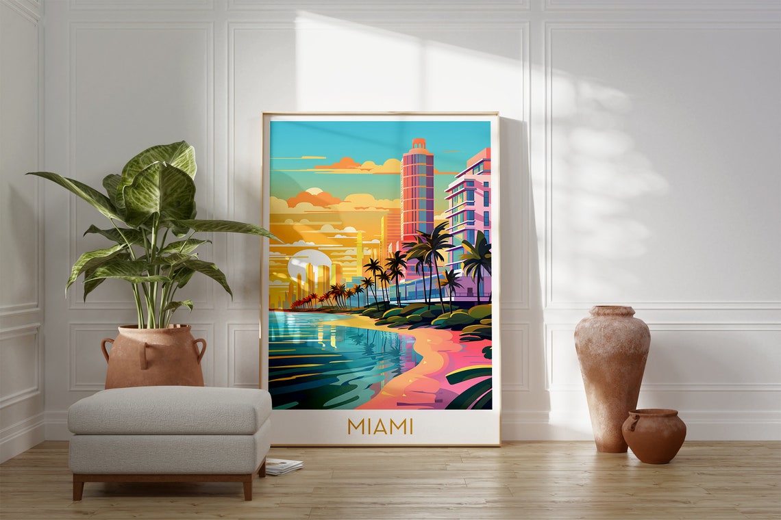 Miami Florida Sunset Beach Palms Colorful Pop Art Travel Poster - Image 2