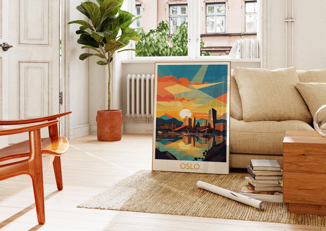 Oslo Norway Sunset Harbor Geometric Retro Pop Art Travel Poster - Image 2