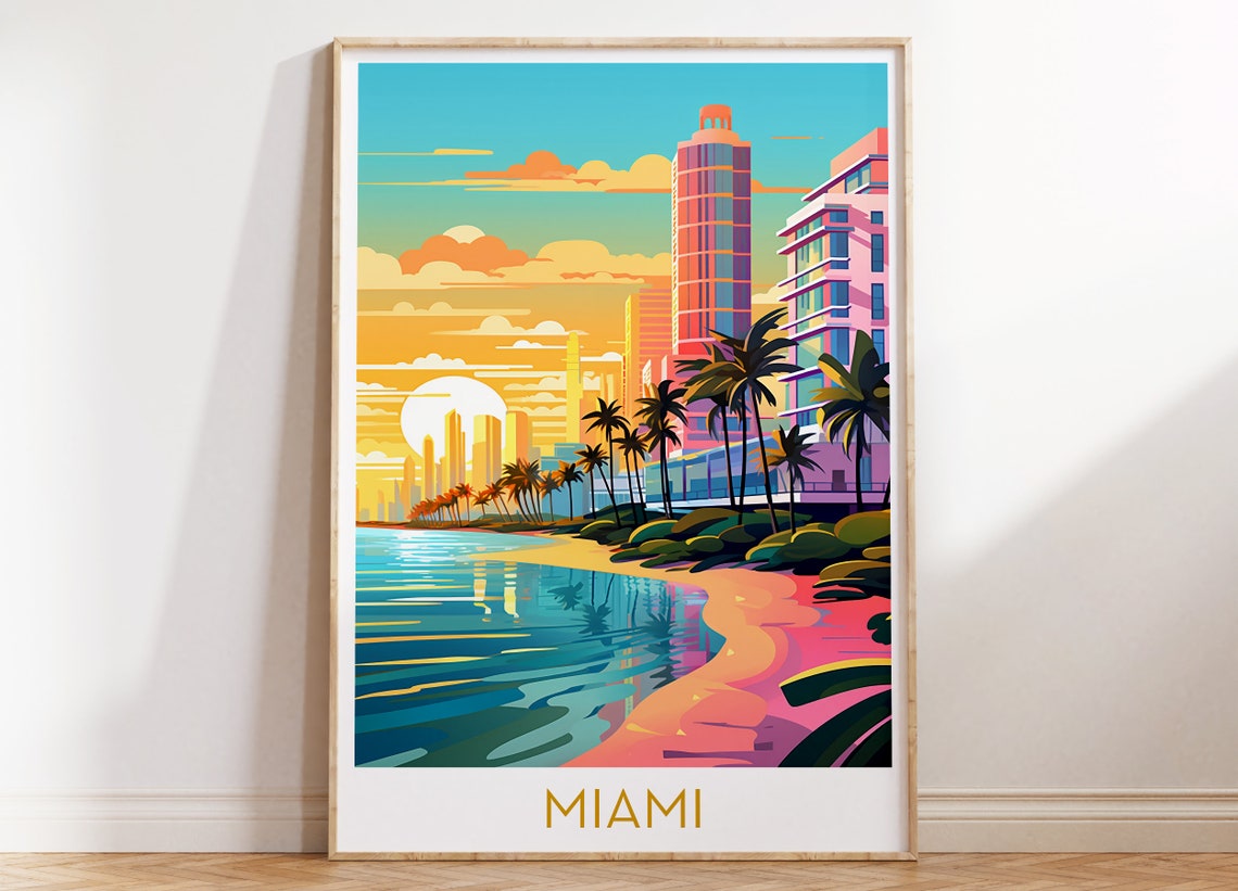 Miami Florida Sunset Beach Palms Colorful Pop Art Travel Poster