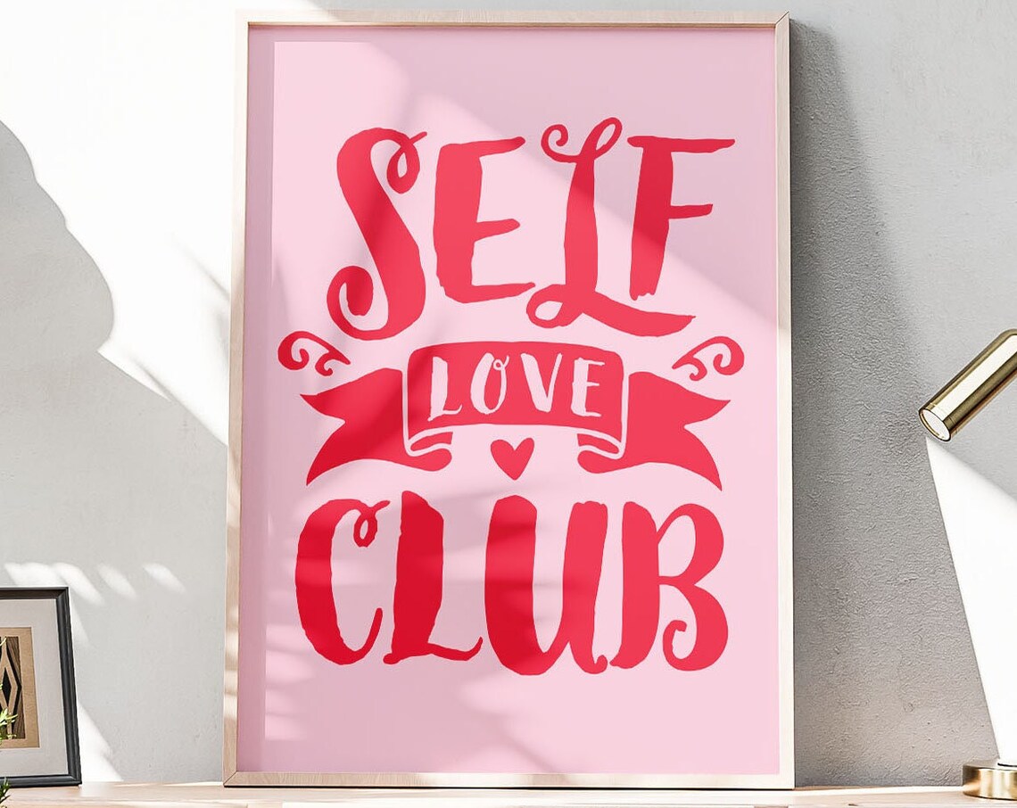 Self Love Club Hand Lettered Pink Ribbon Heart Quote Art Poster