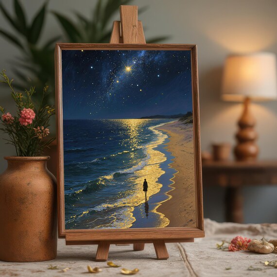 Starry Night Beach Walk Art Glowing Ocean Seascape Print Wall Decor Celestial Coastal Instant