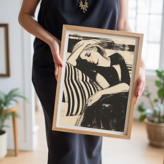 Resting Woman Black White Serene Portrait Minimal Sketch Elegant Art Wall Poster