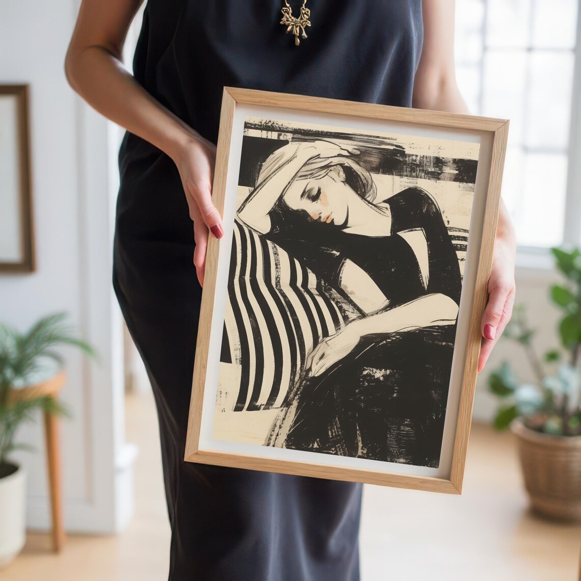 Elegant Resting Woman Art Print Modern Black White Illustration Serene Female Portrait