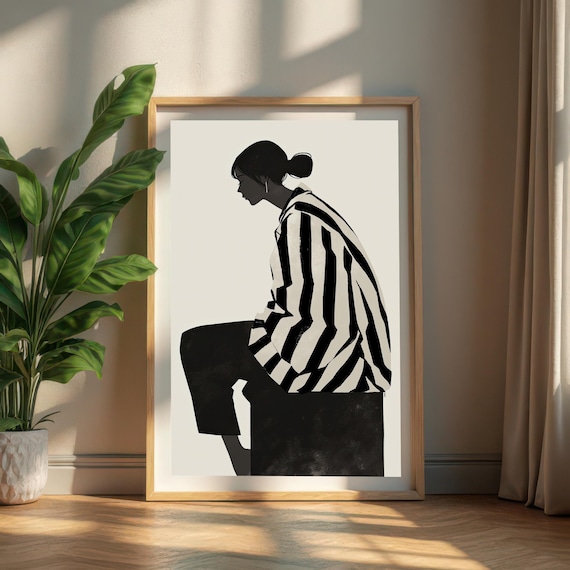 Black and White Striped Shirt Woman Fashion Illustration Art Print