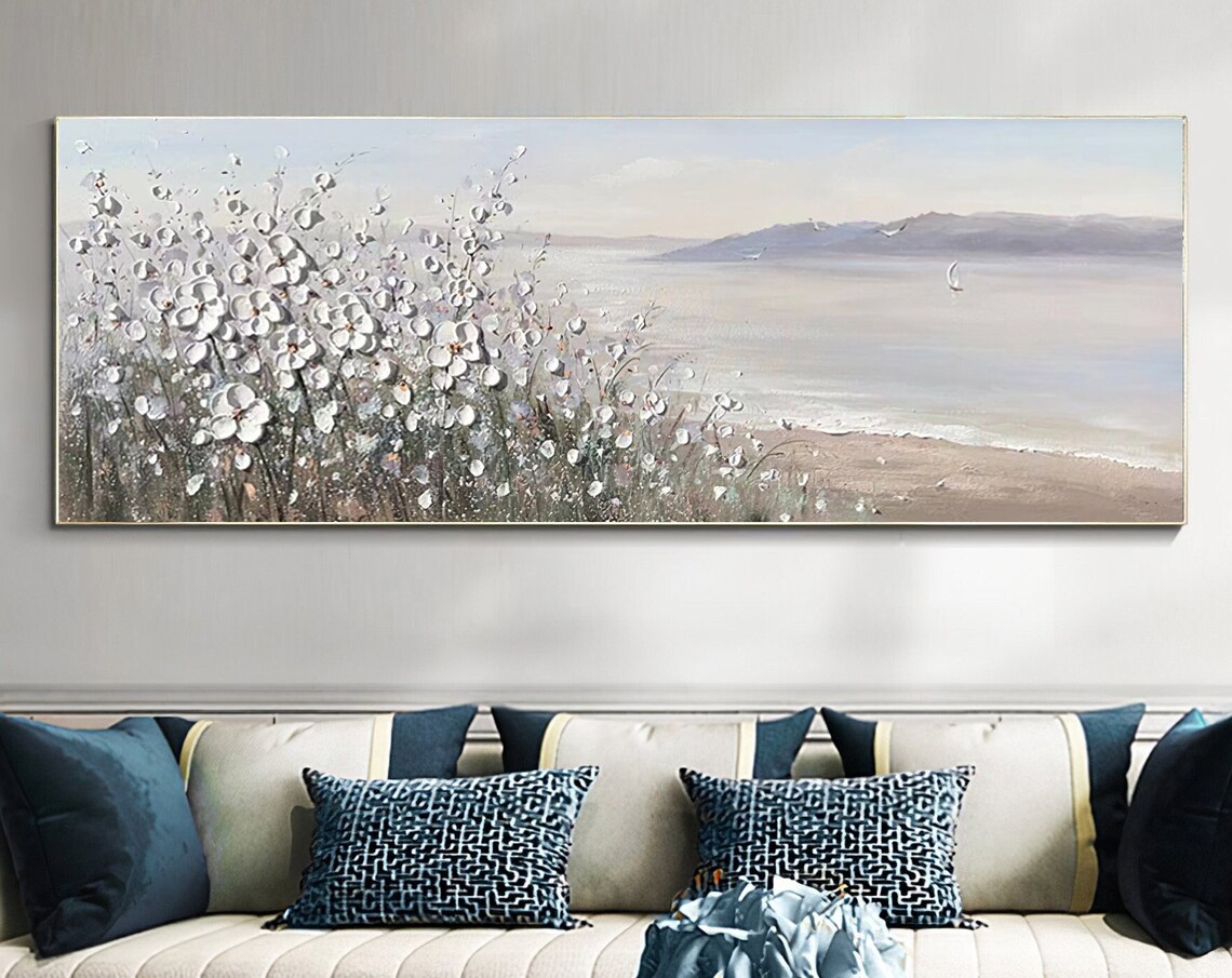 White Flowers By The Water Seascape Sailboat 3D Textured Art Poster