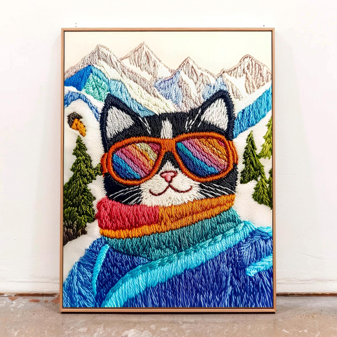 Skier Cat Rainbow Goggles Snowy Mountain Embroidery Winter Wall Art Print