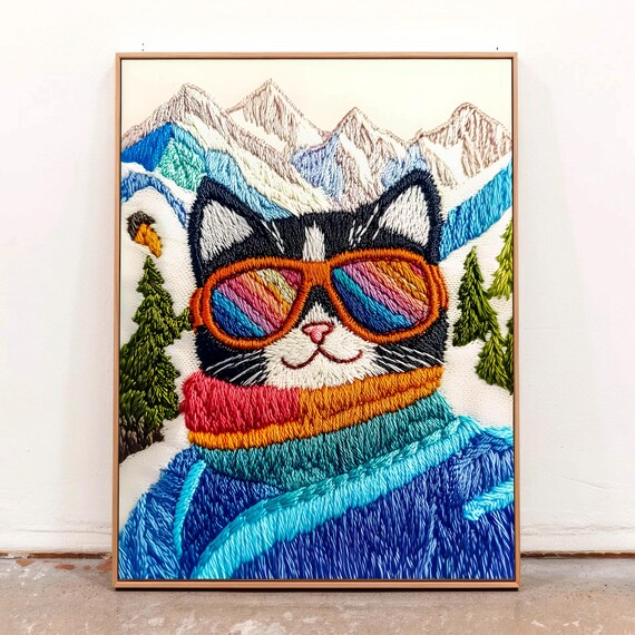 Skier Cat Rainbow Goggles Snowy Mountain Embroidery Winter Wall Art Print