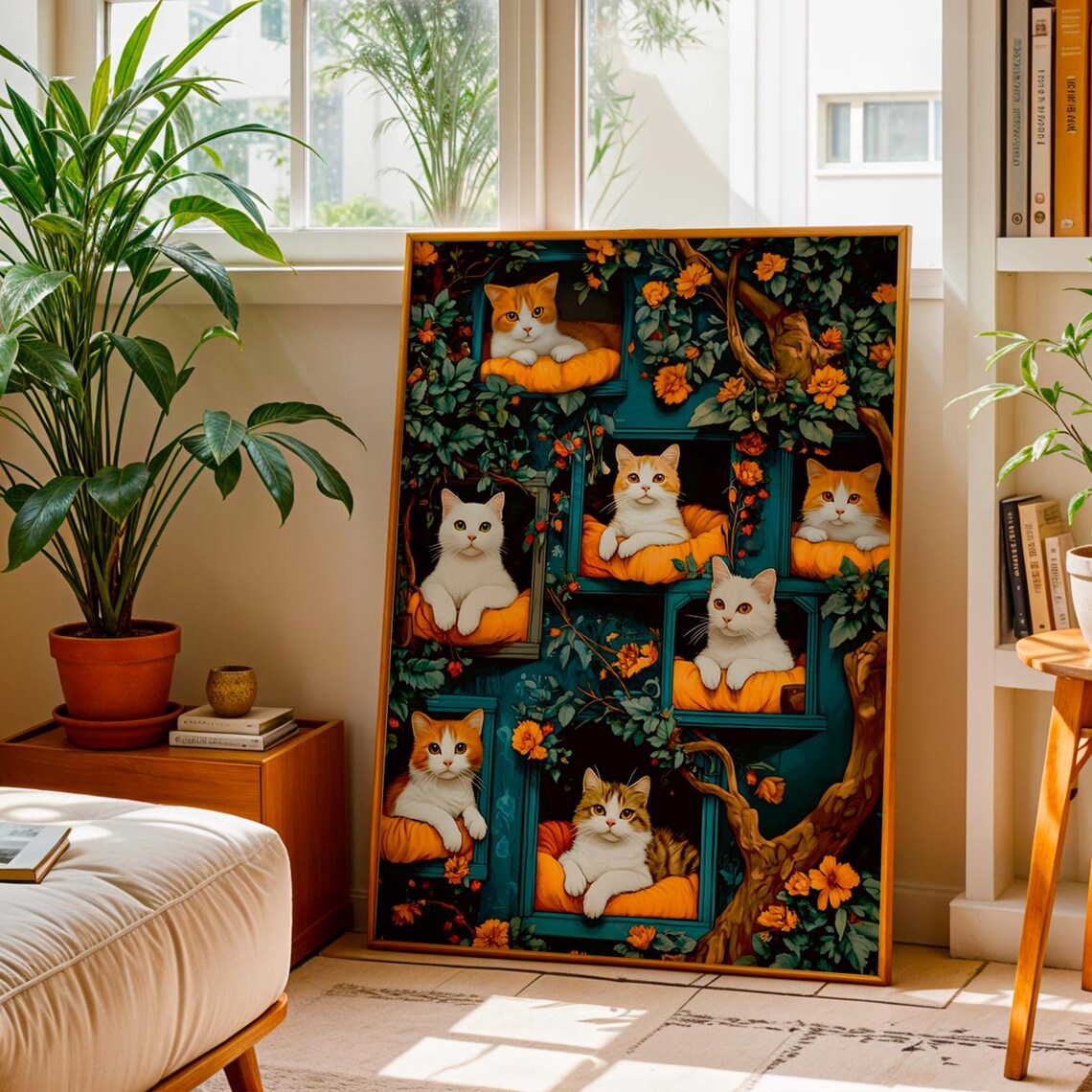 Cats Lounging In Teal Window Boxes Floral Vines Cottagecore Wall Art Print - Image 3
