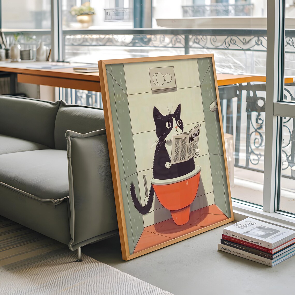 Funny Cat Reading Newspaper On Toilet Bathroom Humor Animal Wall Art Print - Image 2