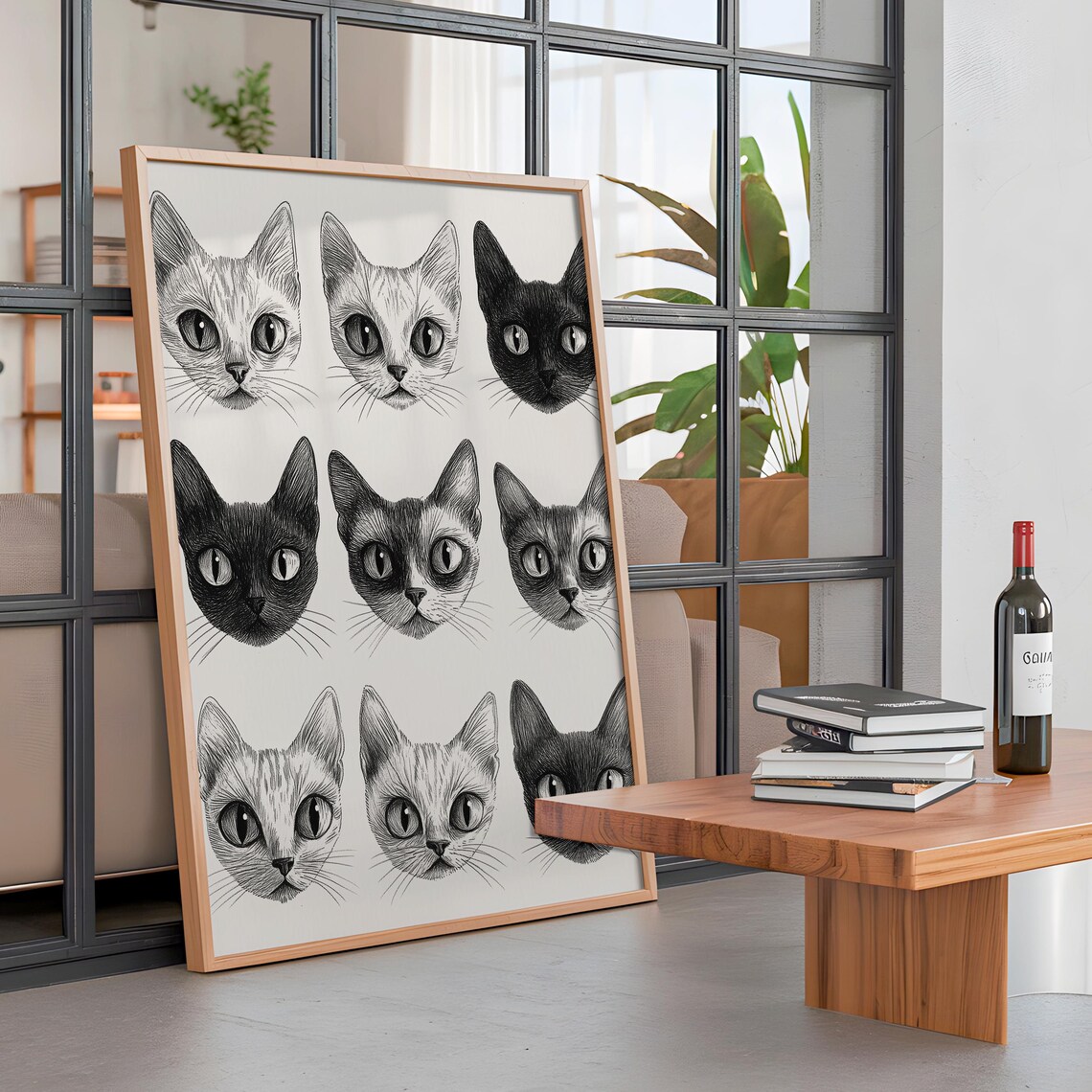 Nine Cat Faces Pencil Sketch Grid Black White Retro Boho Wall Art Poster - Image 3